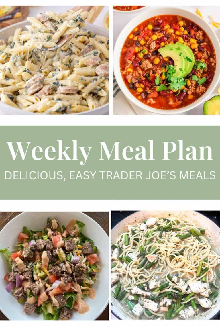 Collage of recipes for a Trader Joe's meal plan.