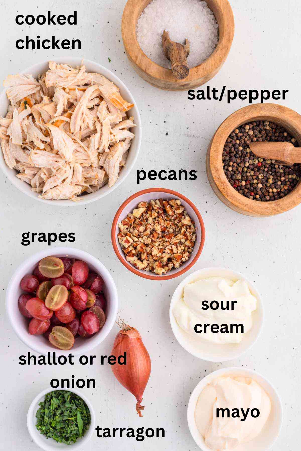 Ingredients needed for tarragon chicken salad.