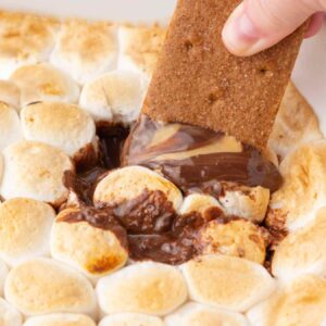 A graham cracker being dipped in the peanut butter cup smore's dip.