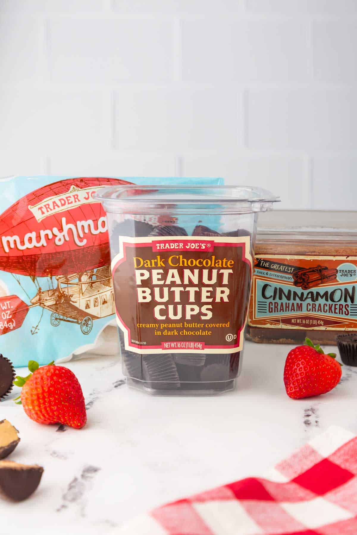 Ingredients needed to make Trader Joe's Dark Chocolate Peanut Butter Cup S'mores Dip.