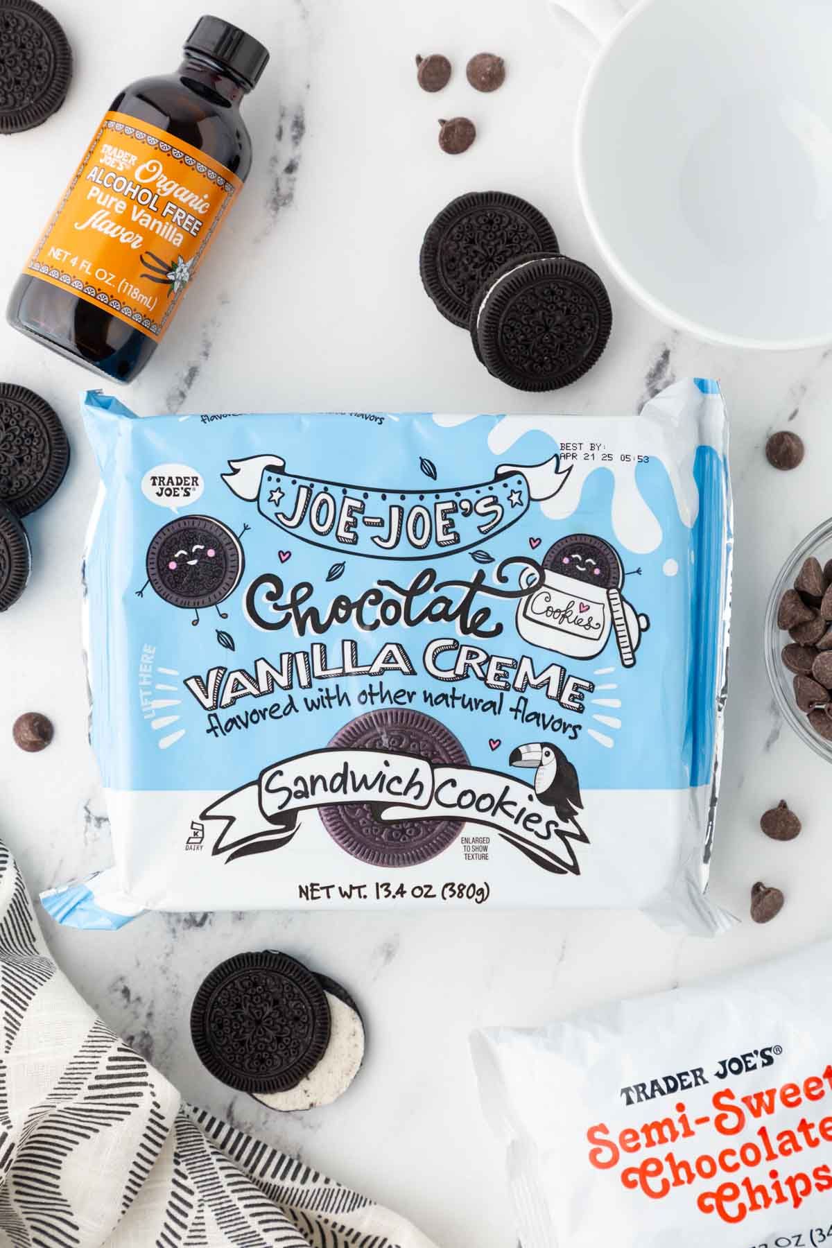 Ingredients needed to make a chocolate chip mug cake with Trader Joe's ingredients.