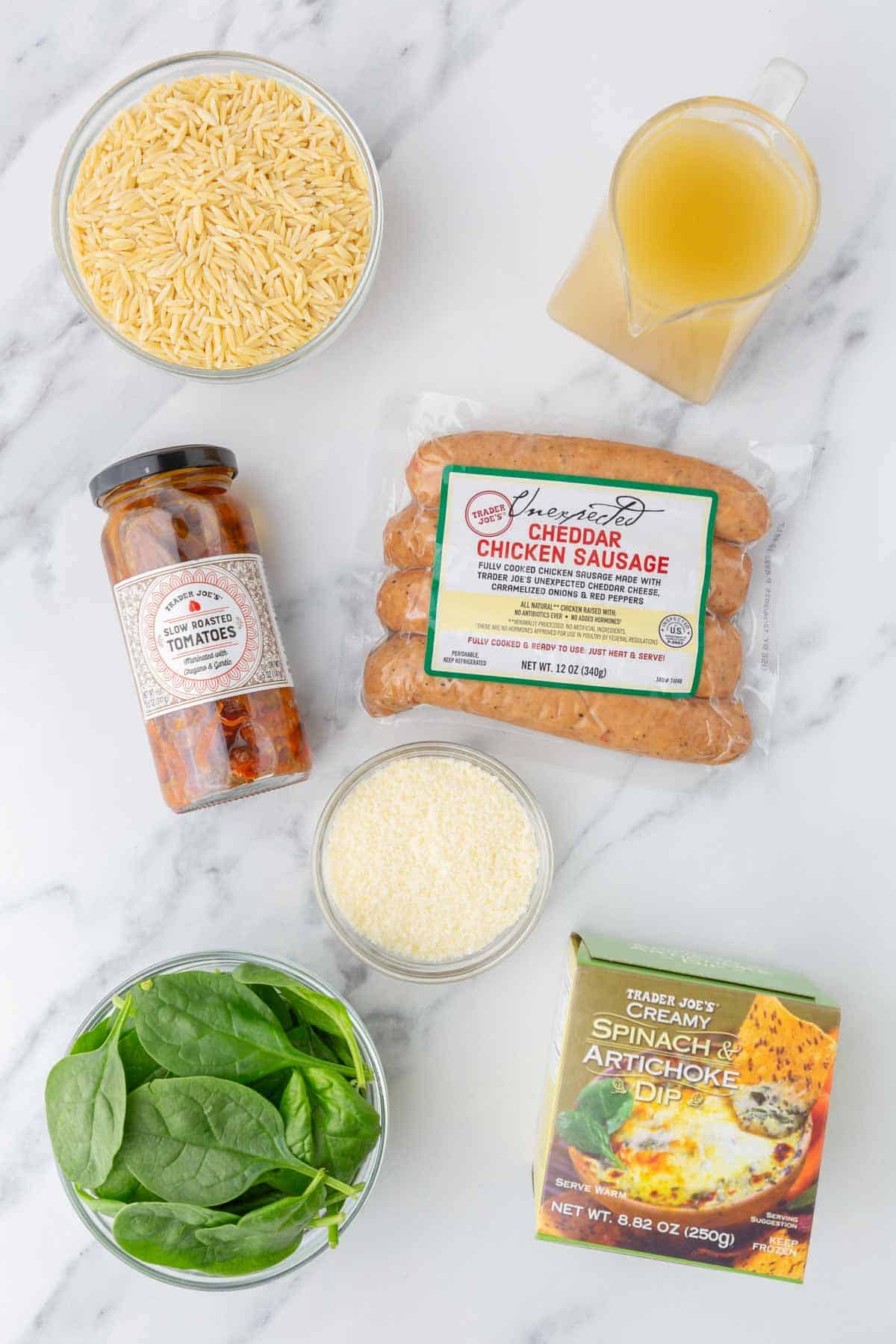 Ingredients needed to make Trader Joe's sausage and orzo bake.