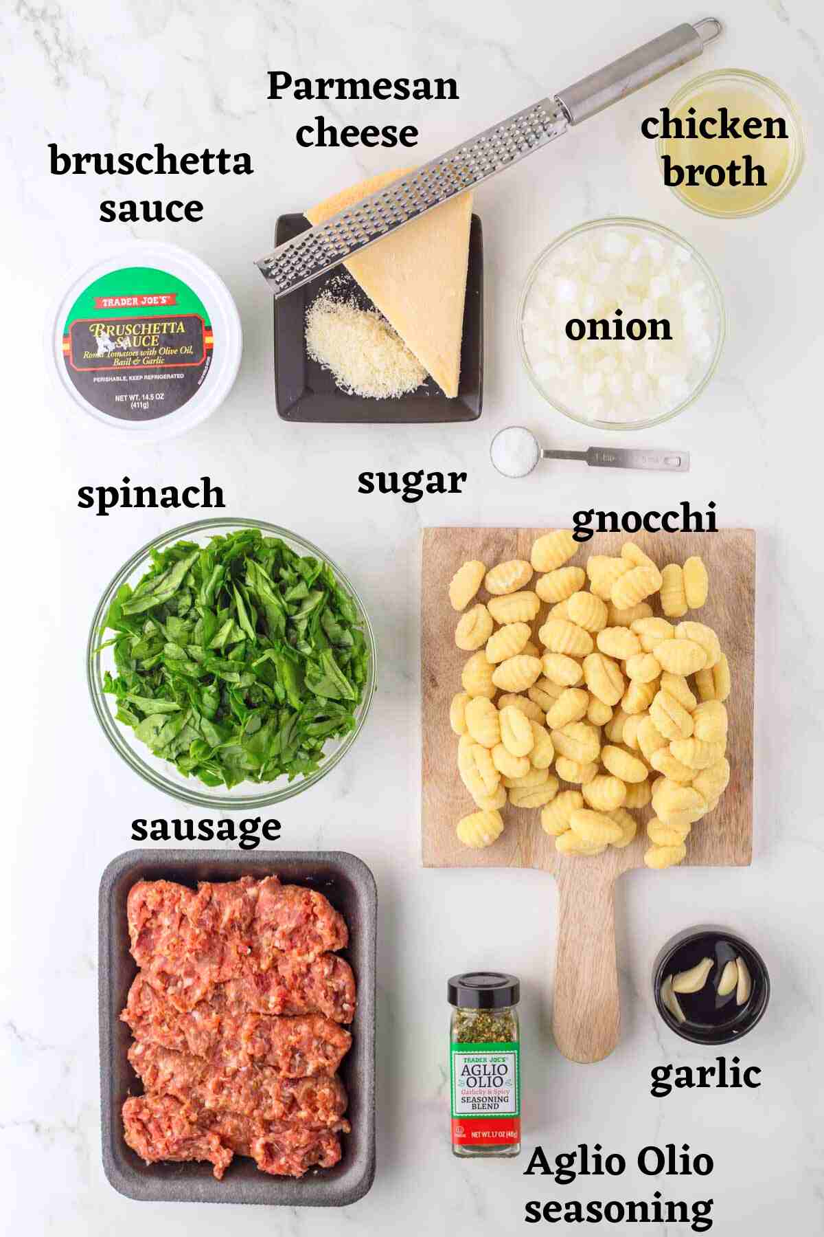 Ingredients needed to make Trader Joe's sausage and spinach gnocchi.