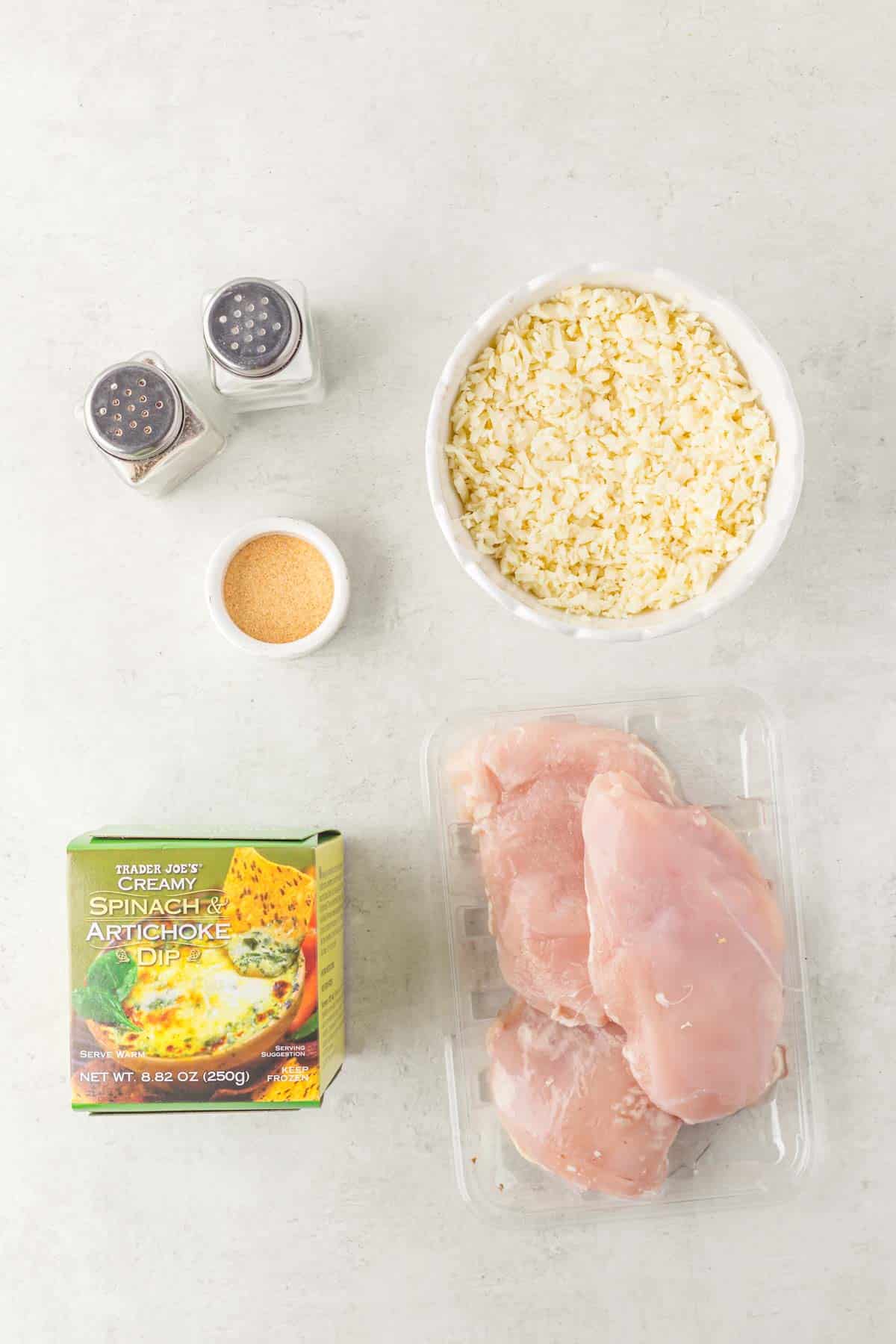 Ingredients needed for Trader Joe's spinach and artichoke chicken.