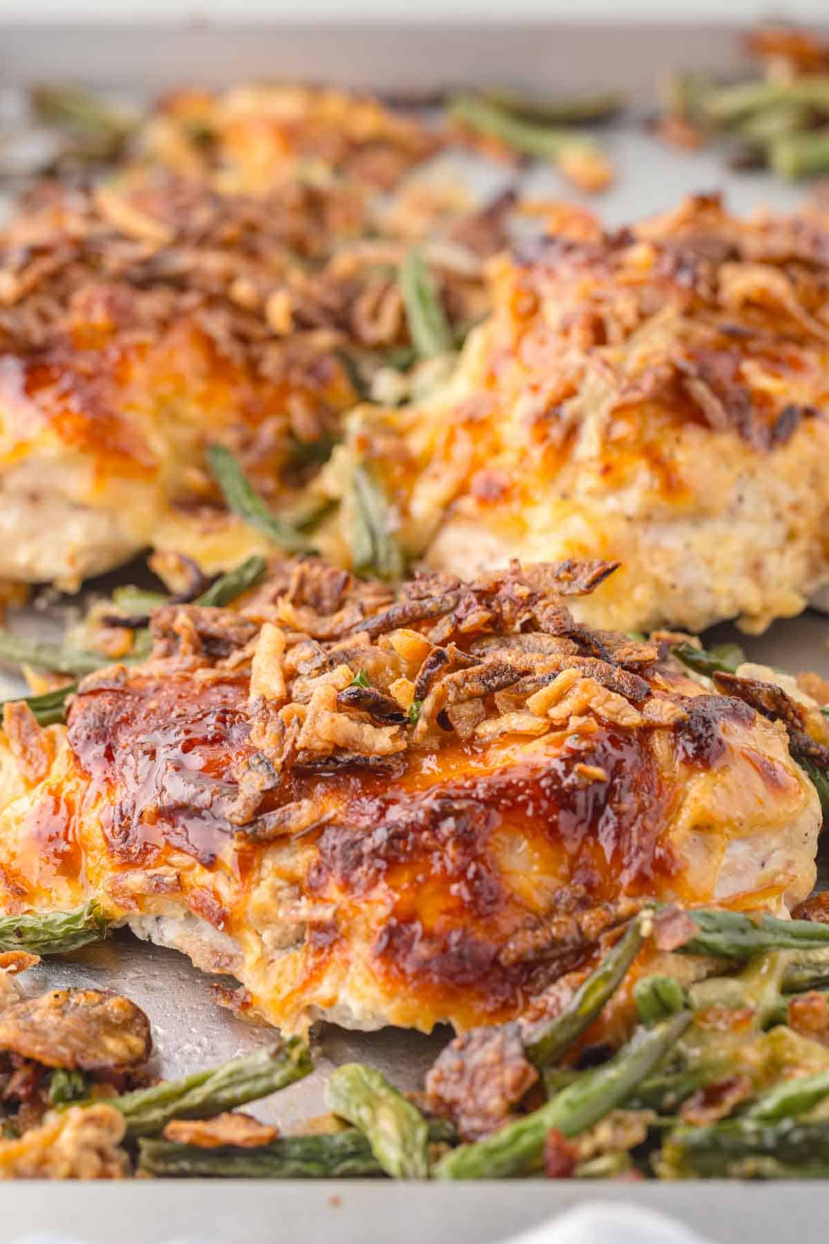Close up shot of Caramelized Onion Dip Chicken.