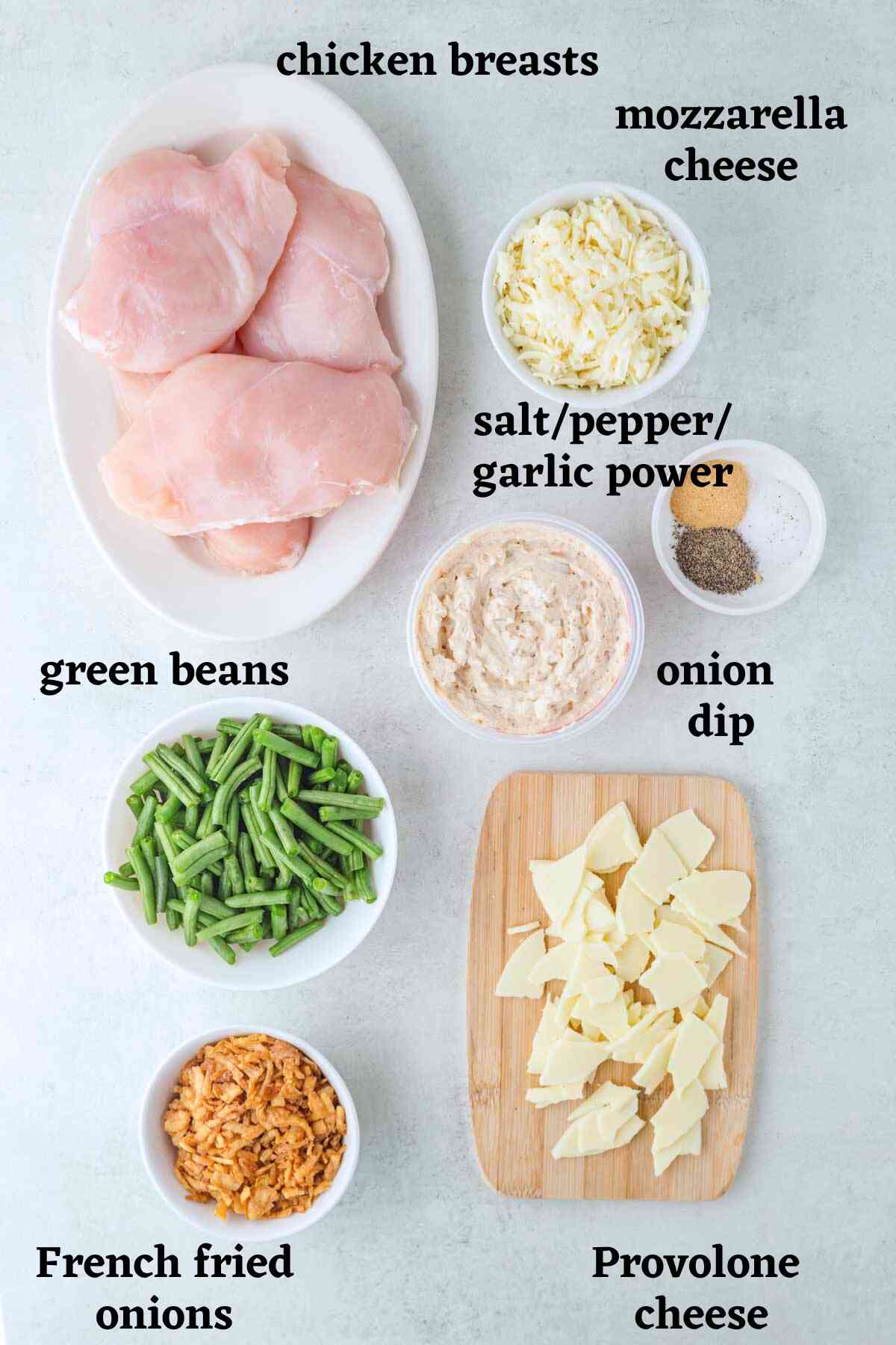 Ingredients needed to make Trader Joe's caramelized onion dip chicken.