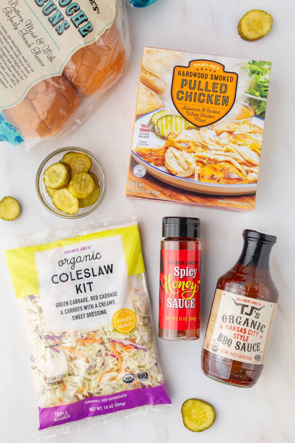 Ingredients needed to make Trader Joe's pulled chicken sandwiches with hot honey.