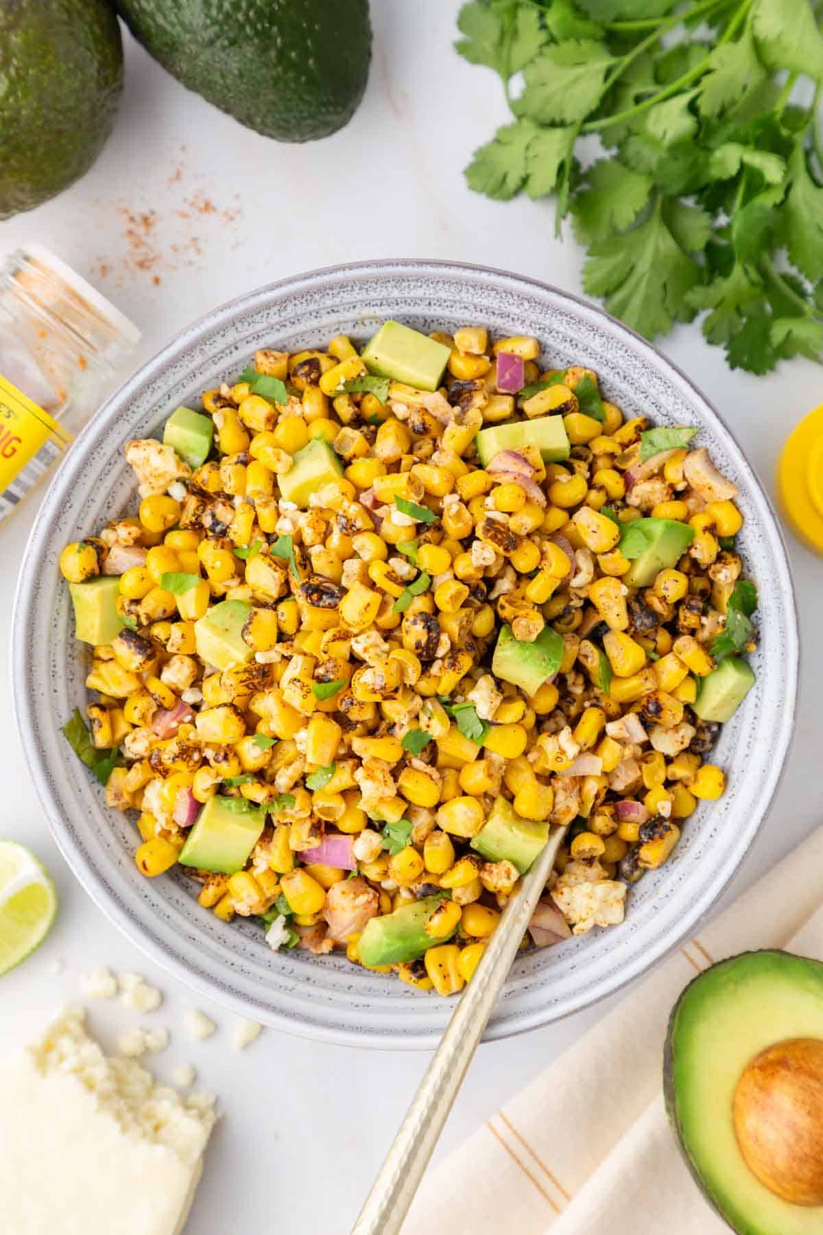 Trader Joe's Elote Corn Salad in a large serving bowl.