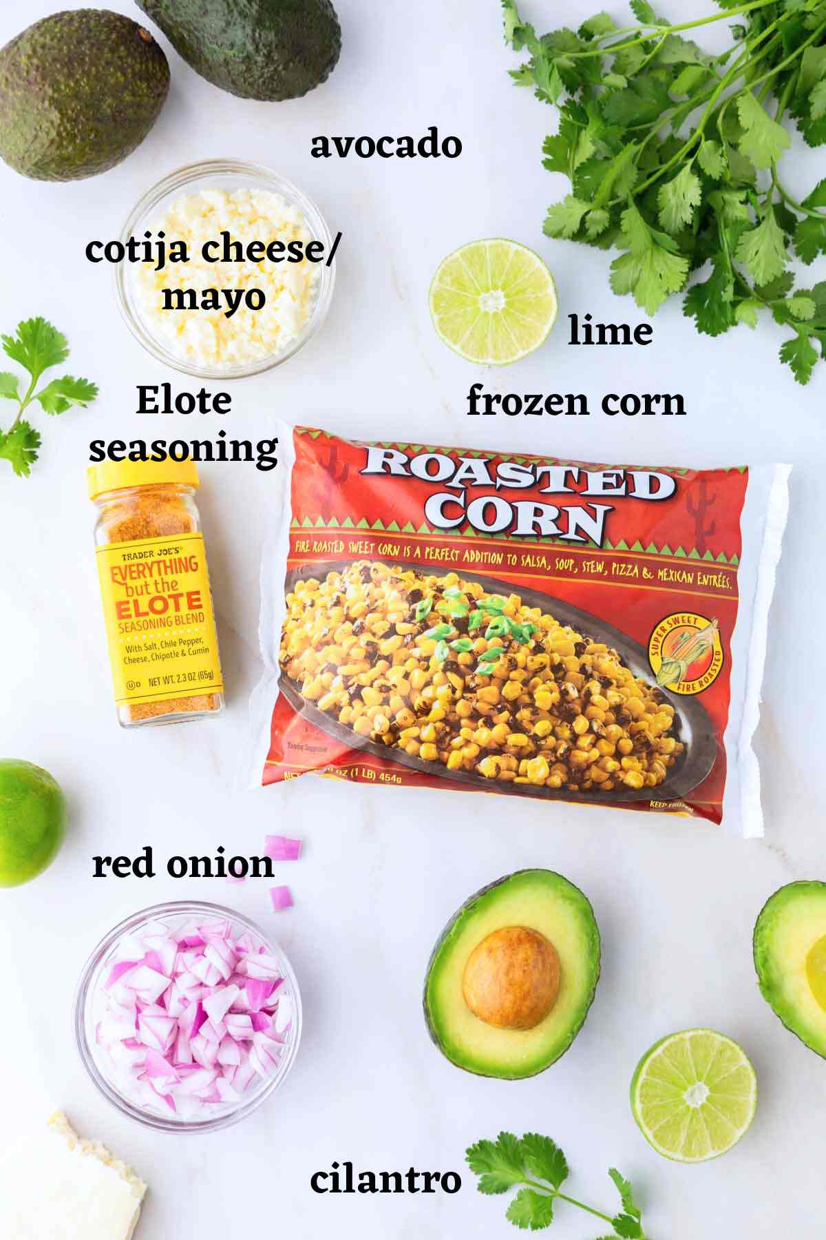 Ingredients needed to make elote corn salad.
