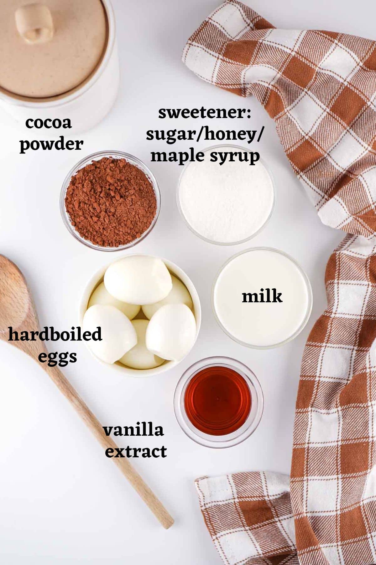 Ingredients needed to make hardboiled egg chocolate pudding.